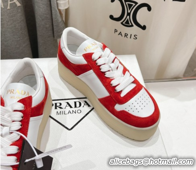 Pretty Style Prada Downtown Bold Nappa Leather and Suede Sneakers White/Red 2025 1E792M