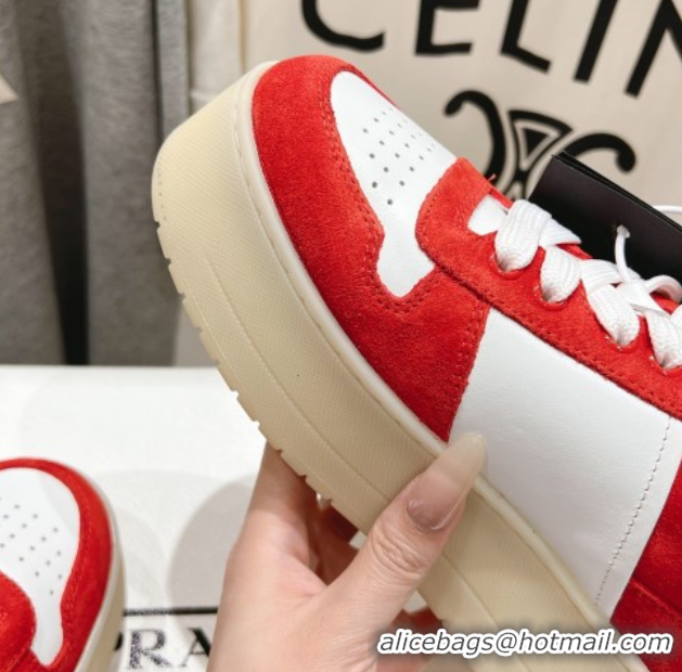 Pretty Style Prada Downtown Bold Nappa Leather and Suede Sneakers White/Red 2025 1E792M