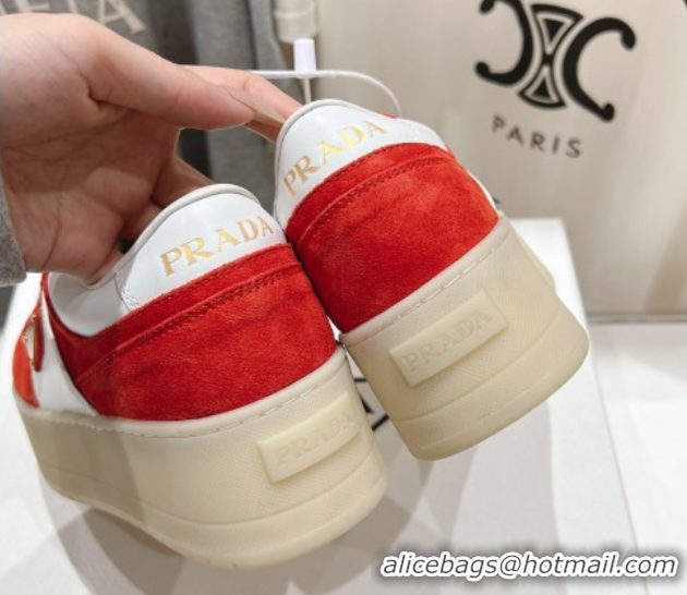 Pretty Style Prada Downtown Bold Nappa Leather and Suede Sneakers White/Red 2025 1E792M