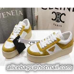 Luxury Discount Prada Downtown Bold Nappa Leather and Suede Sneakers White/Yellow 2025 1E792M