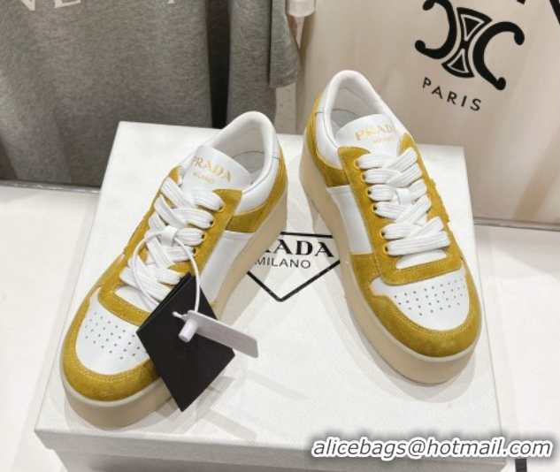 Luxury Discount Prada Downtown Bold Nappa Leather and Suede Sneakers White/Yellow 2025 1E792M