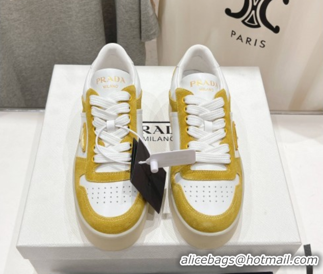 Luxury Discount Prada Downtown Bold Nappa Leather and Suede Sneakers White/Yellow 2025 1E792M