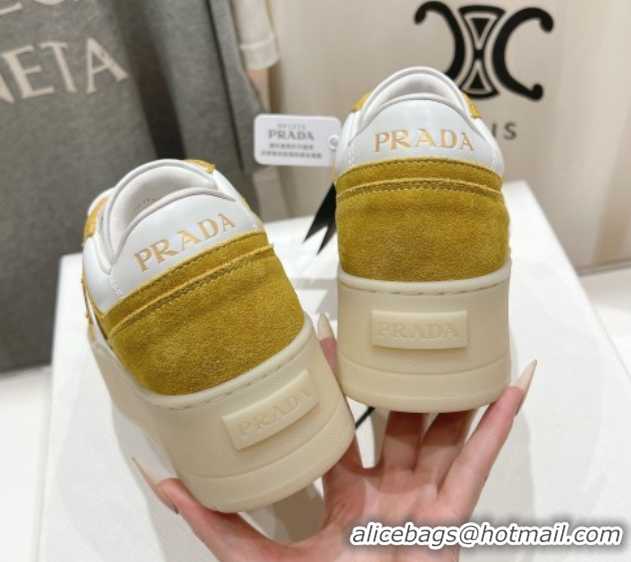 Luxury Discount Prada Downtown Bold Nappa Leather and Suede Sneakers White/Yellow 2025 1E792M