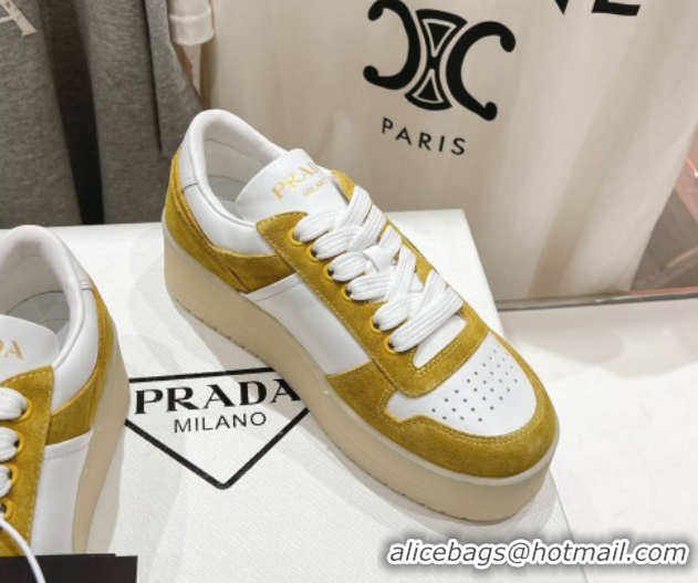 Luxury Discount Prada Downtown Bold Nappa Leather and Suede Sneakers White/Yellow 2025 1E792M