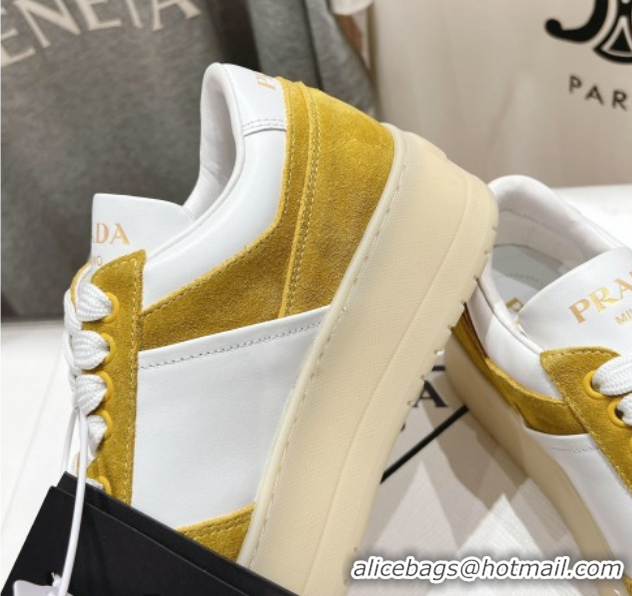 Luxury Discount Prada Downtown Bold Nappa Leather and Suede Sneakers White/Yellow 2025 1E792M
