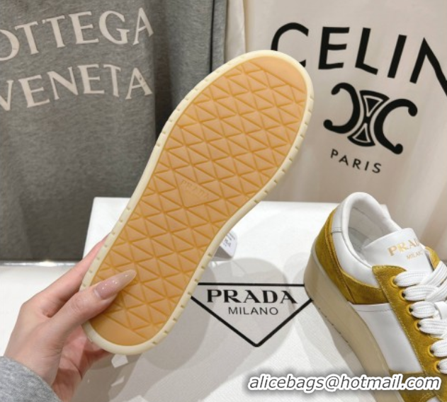 Luxury Discount Prada Downtown Bold Nappa Leather and Suede Sneakers White/Yellow 2025 1E792M