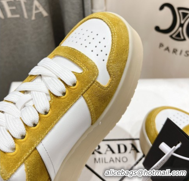 Luxury Discount Prada Downtown Bold Nappa Leather and Suede Sneakers White/Yellow 2025 1E792M