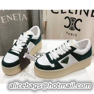 Top Grade Prada Downtown Bold Nappa Leather and Suede Sneakers White/Green 2025 1E792M