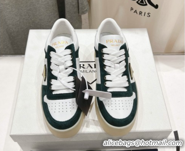 Top Grade Prada Downtown Bold Nappa Leather and Suede Sneakers White/Green 2025 1E792M
