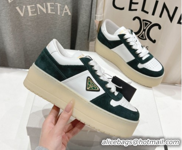 Top Grade Prada Downtown Bold Nappa Leather and Suede Sneakers White/Green 2025 1E792M