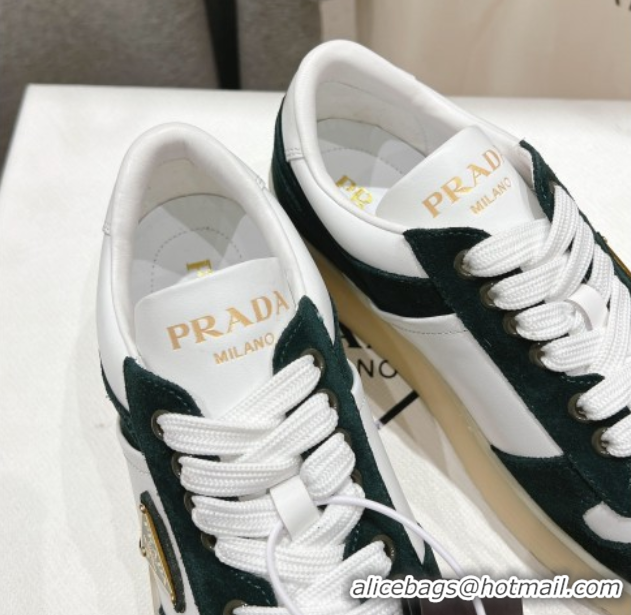 Top Grade Prada Downtown Bold Nappa Leather and Suede Sneakers White/Green 2025 1E792M