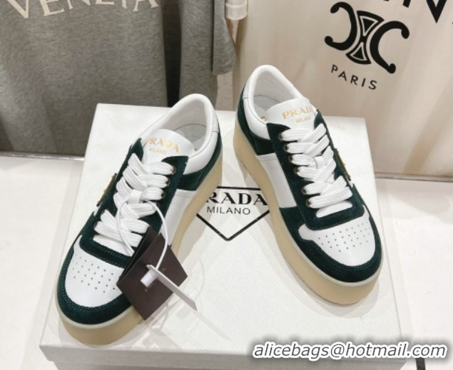 Top Grade Prada Downtown Bold Nappa Leather and Suede Sneakers White/Green 2025 1E792M