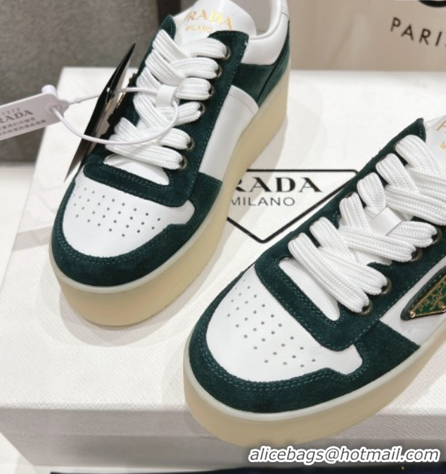 Top Grade Prada Downtown Bold Nappa Leather and Suede Sneakers White/Green 2025 1E792M