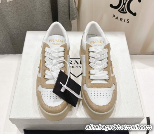 Unique Style Prada Downtown Bold Nappa Leather and Suede Sneakers White/Beige 2025 1E792M