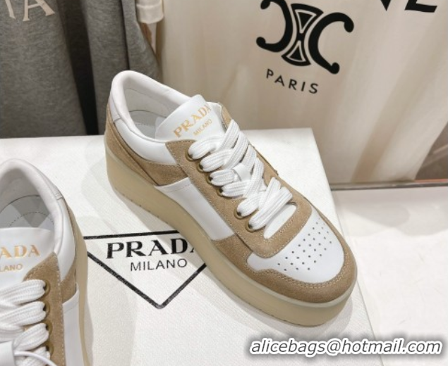 Unique Style Prada Downtown Bold Nappa Leather and Suede Sneakers White/Beige 2025 1E792M