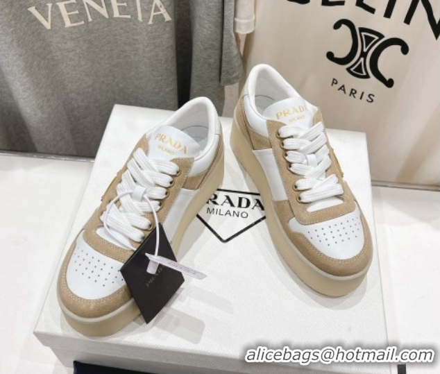 Unique Style Prada Downtown Bold Nappa Leather and Suede Sneakers White/Beige 2025 1E792M