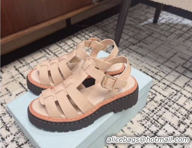 Durable Prada Patent Leather Strap Sandals Nude Pink 2025 PR042401