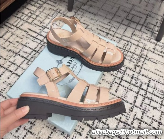 Durable Prada Patent Leather Strap Sandals Nude Pink 2025 PR042401