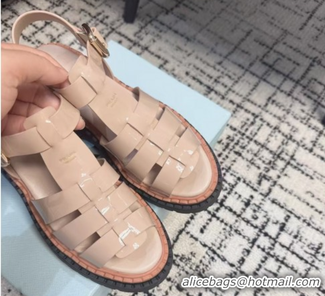 Durable Prada Patent Leather Strap Sandals Nude Pink 2025 PR042401