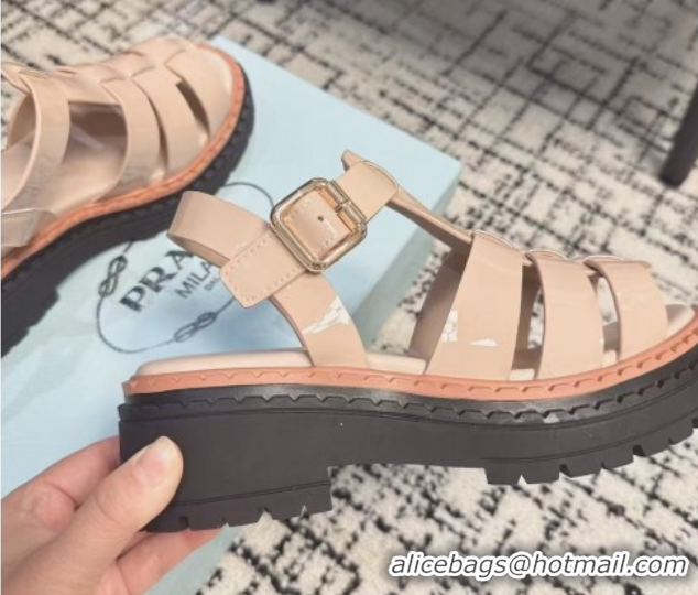 Durable Prada Patent Leather Strap Sandals Nude Pink 2025 PR042401