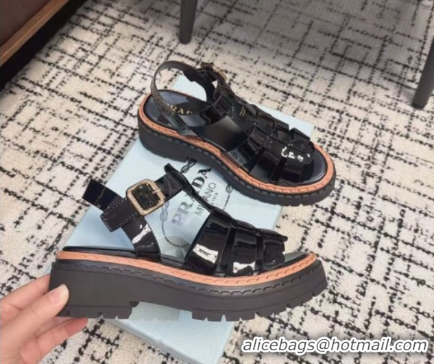 Good Looking Prada Patent Leather Strap Sandals Black 2025 PR042401