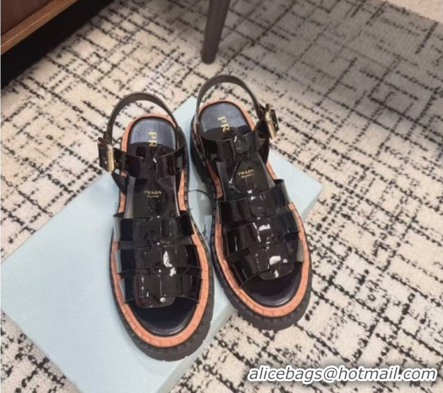 Good Looking Prada Patent Leather Strap Sandals Black 2025 PR042401