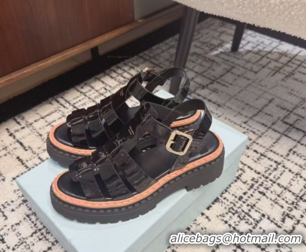 Good Looking Prada Patent Leather Strap Sandals Black 2025 PR042401
