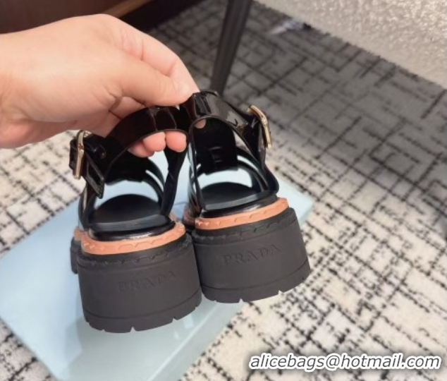 Good Looking Prada Patent Leather Strap Sandals Black 2025 PR042401
