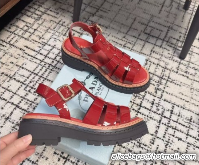 Good Quality Prada Patent Leather Strap Sandals Red 2025 PR042401