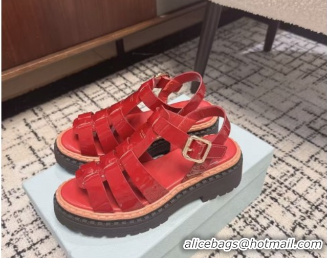 Good Quality Prada Patent Leather Strap Sandals Red 2025 PR042401