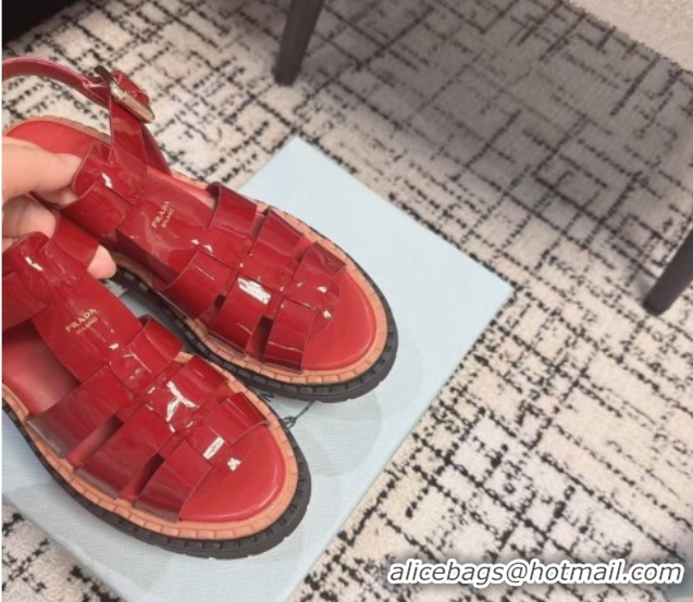 Good Quality Prada Patent Leather Strap Sandals Red 2025 PR042401