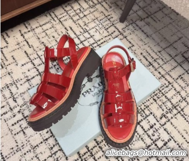 Good Quality Prada Patent Leather Strap Sandals Red 2025 PR042401