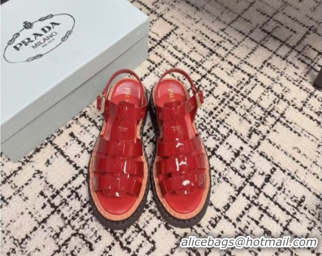 Good Quality Prada Patent Leather Strap Sandals Red 2025 PR042401