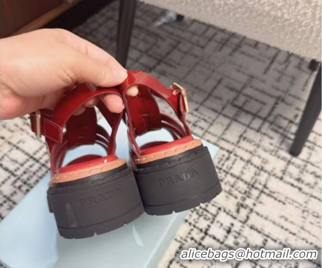 Good Quality Prada Patent Leather Strap Sandals Red 2025 PR042401