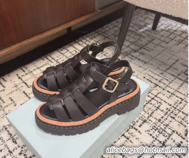 Trendy Design Prada Calf Leather Strap Sandals Black 2025 PR042401