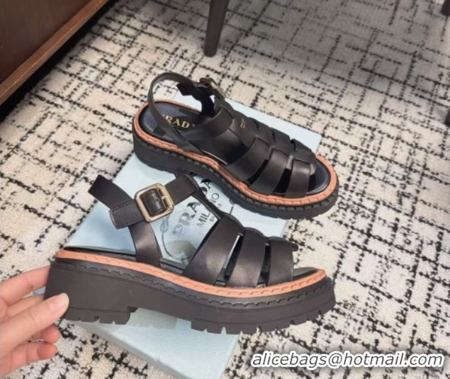 Trendy Design Prada Calf Leather Strap Sandals Black 2025 PR042401