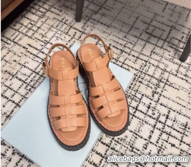 Grade Prada Calf Leather Strap Sandals Brown 2025 PR042401