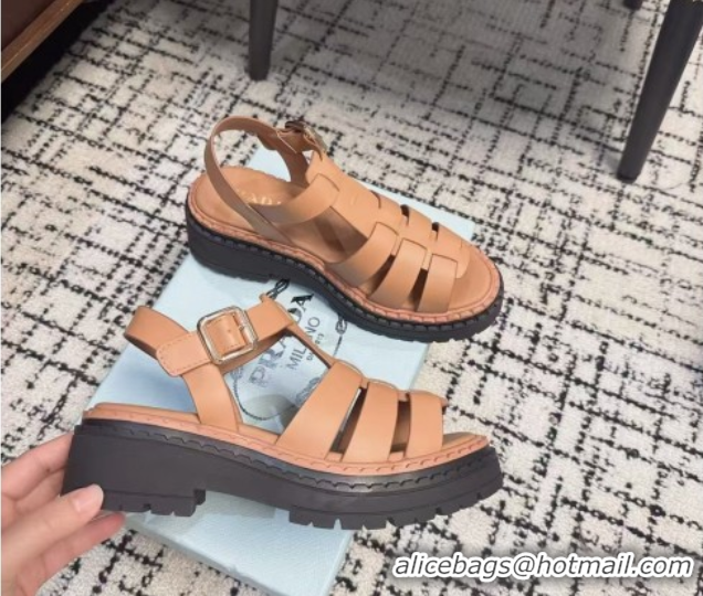 Grade Prada Calf Leather Strap Sandals Brown 2025 PR042401