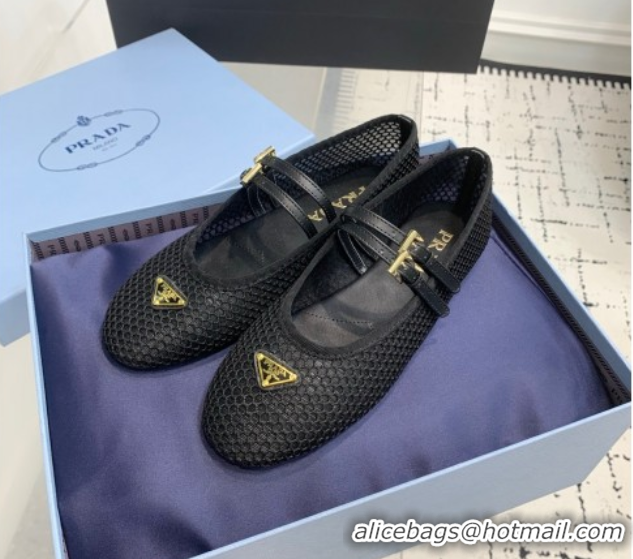 Classic Hot Prada Mesh fabric ballerinas flat Black 2025 1F915N