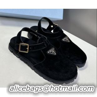 Low Price Prada Suede Open Back Shoes Black 2025 PR042402
