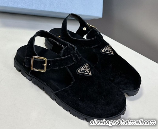 Low Price Prada Suede Open Back Shoes Black 2025 PR042402