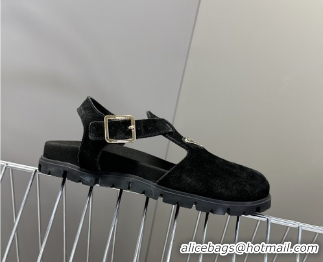 Low Price Prada Suede Open Back Shoes Black 2025 PR042402