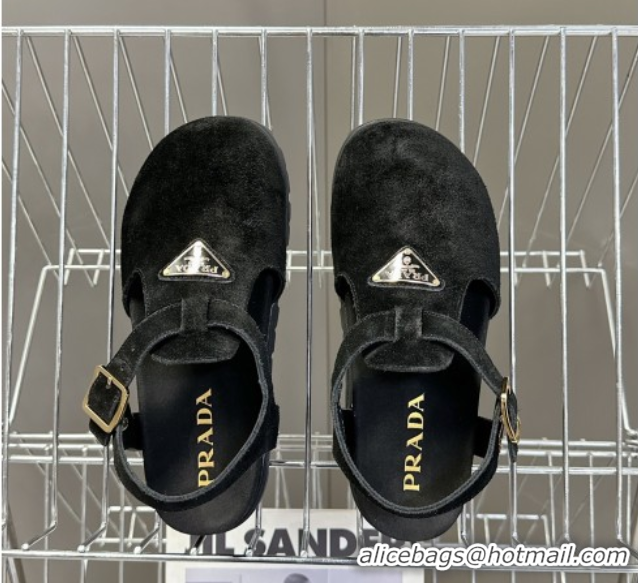 Low Price Prada Suede Open Back Shoes Black 2025 PR042402