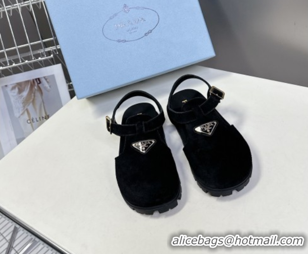 Low Price Prada Suede Open Back Shoes Black 2025 PR042402