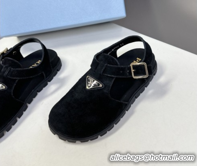Low Price Prada Suede Open Back Shoes Black 2025 PR042402