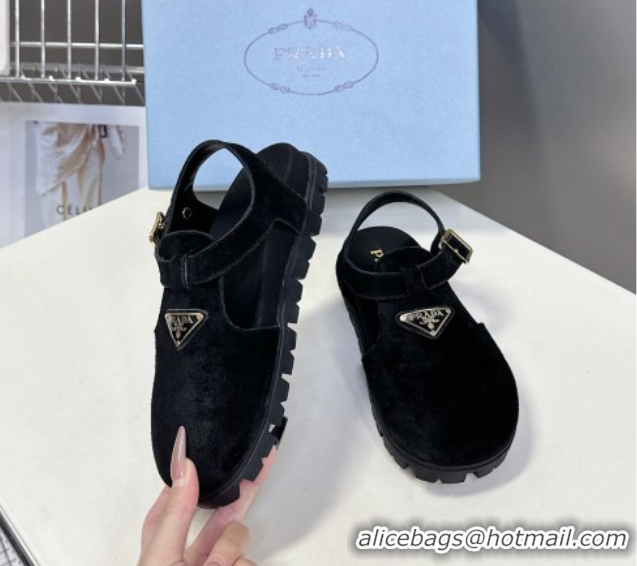 Low Price Prada Suede Open Back Shoes Black 2025 PR042402