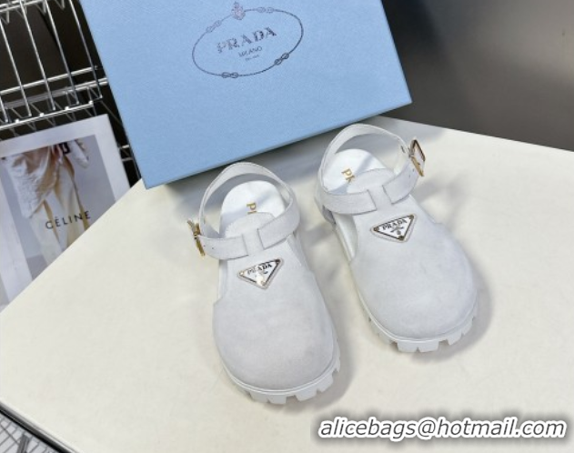 Best Grade Prada Suede Open Back Shoes White 2025 PR042402