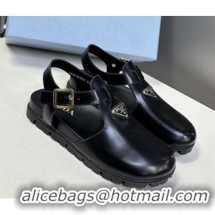 Shop Cheap Prada Brushed Leather Open Back Shoes Black 2025 PR042402