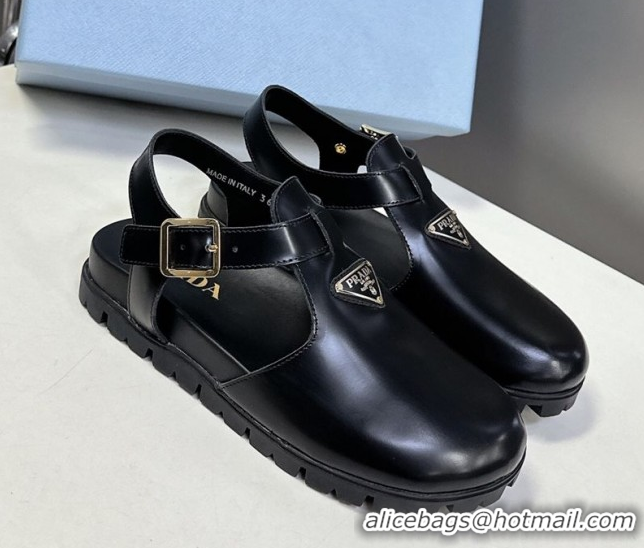 Shop Cheap Prada Brushed Leather Open Back Shoes Black 2025 PR042402