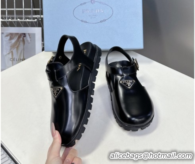 Shop Cheap Prada Brushed Leather Open Back Shoes Black 2025 PR042402